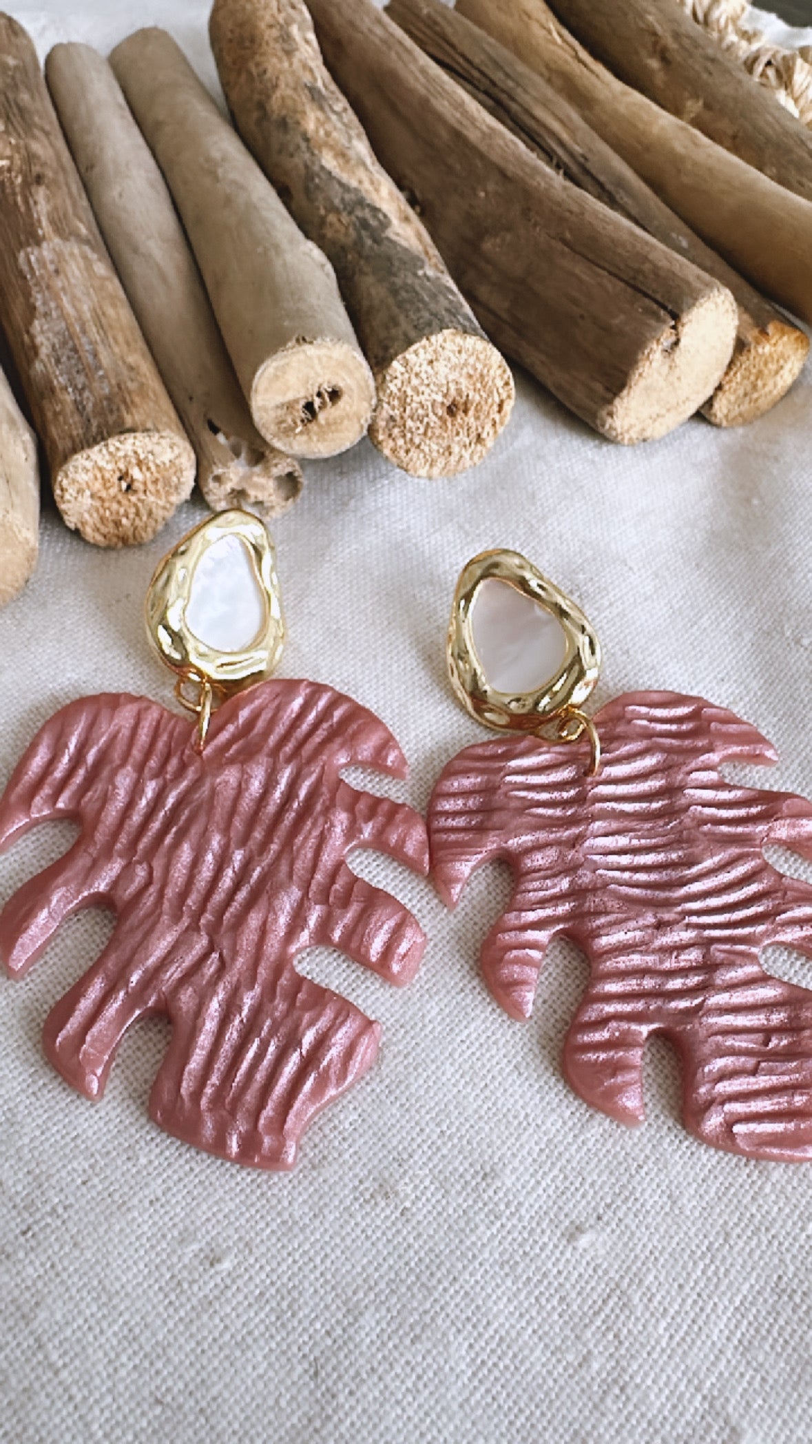 The Reflection Collection - Palm with Pearl/Gold Post - Clay Earrings
