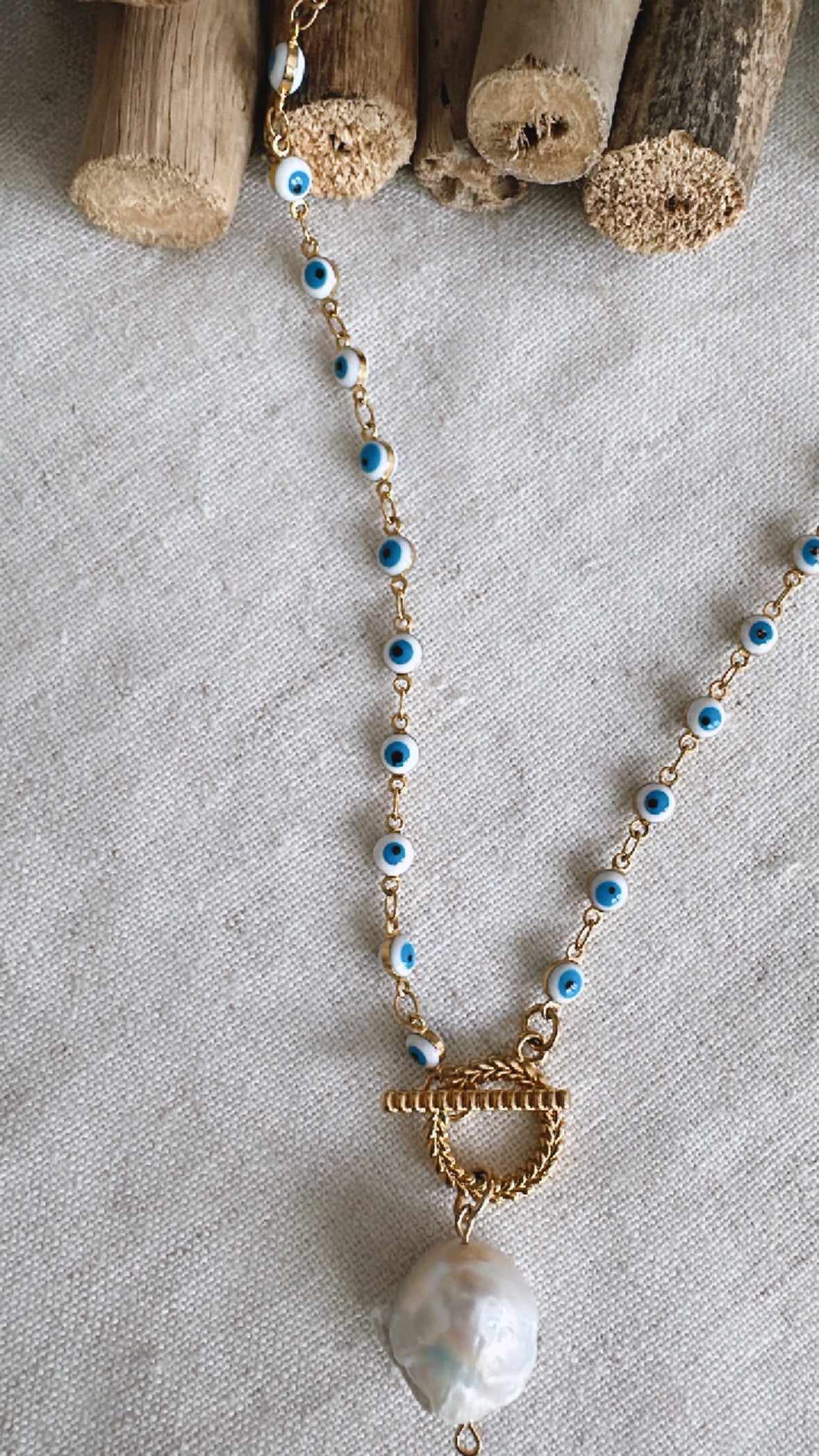 The Evil Eye Lariat Necklace - with Barque Pearl - Charm Necklace