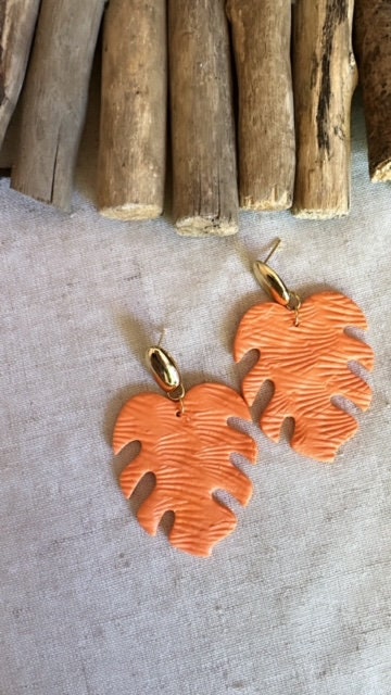 The Orange Dream Collection - Palm with Organic Gold Post - Clay Earrings