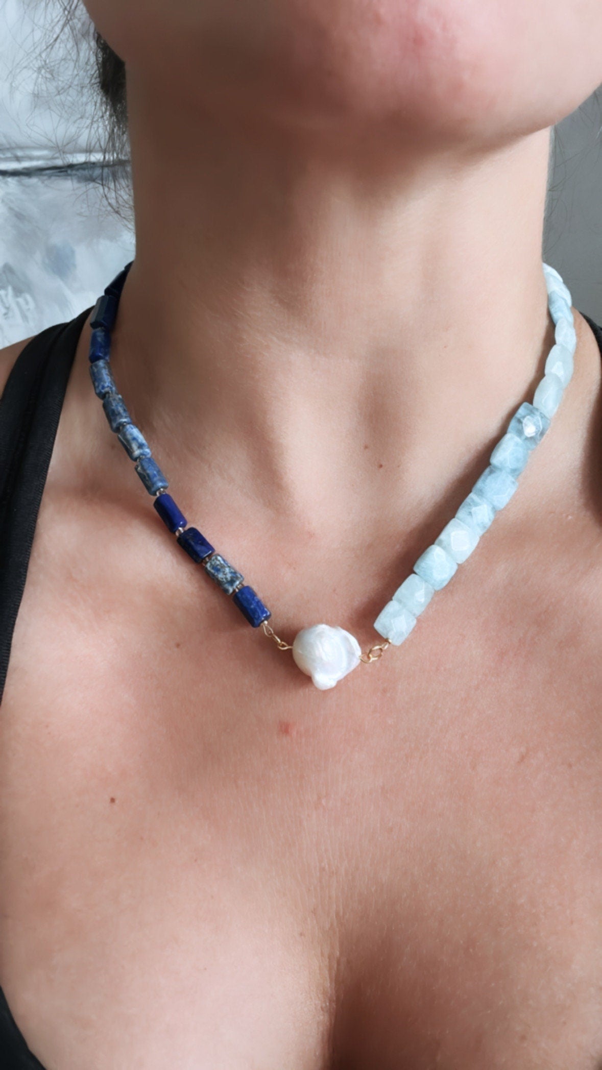 The Gemstone Collection -  Lapis Lazuli & Aquamarine with a Baroque Pearl - Necklace