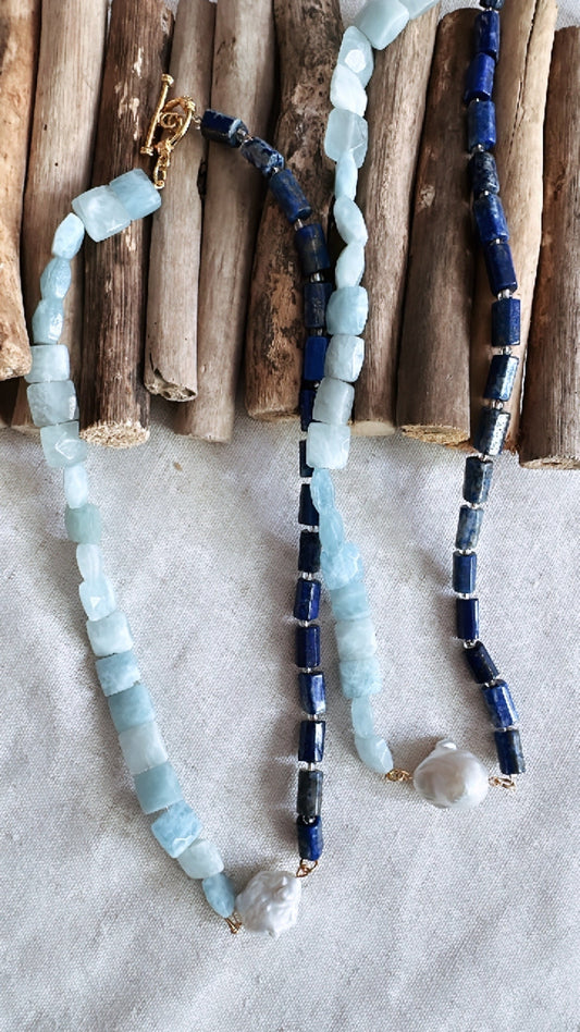 The Gemstone Collection -  Lapis Lazuli & Aquamarine with a Baroque Pearl - Necklace