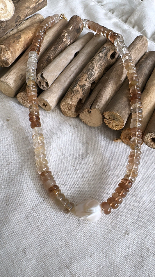 The Big Sky Collection - Golden Topaz Natural Gemstone with a Baroque Pearl - Necklace