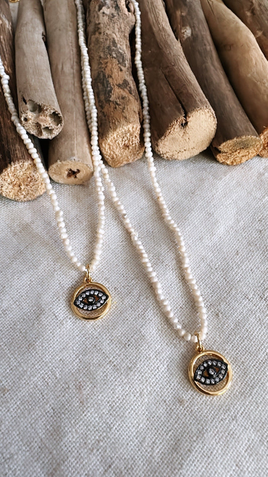 The Golden Hour Collection - Pearl with Mini Black Evil Eye Charm - Necklace