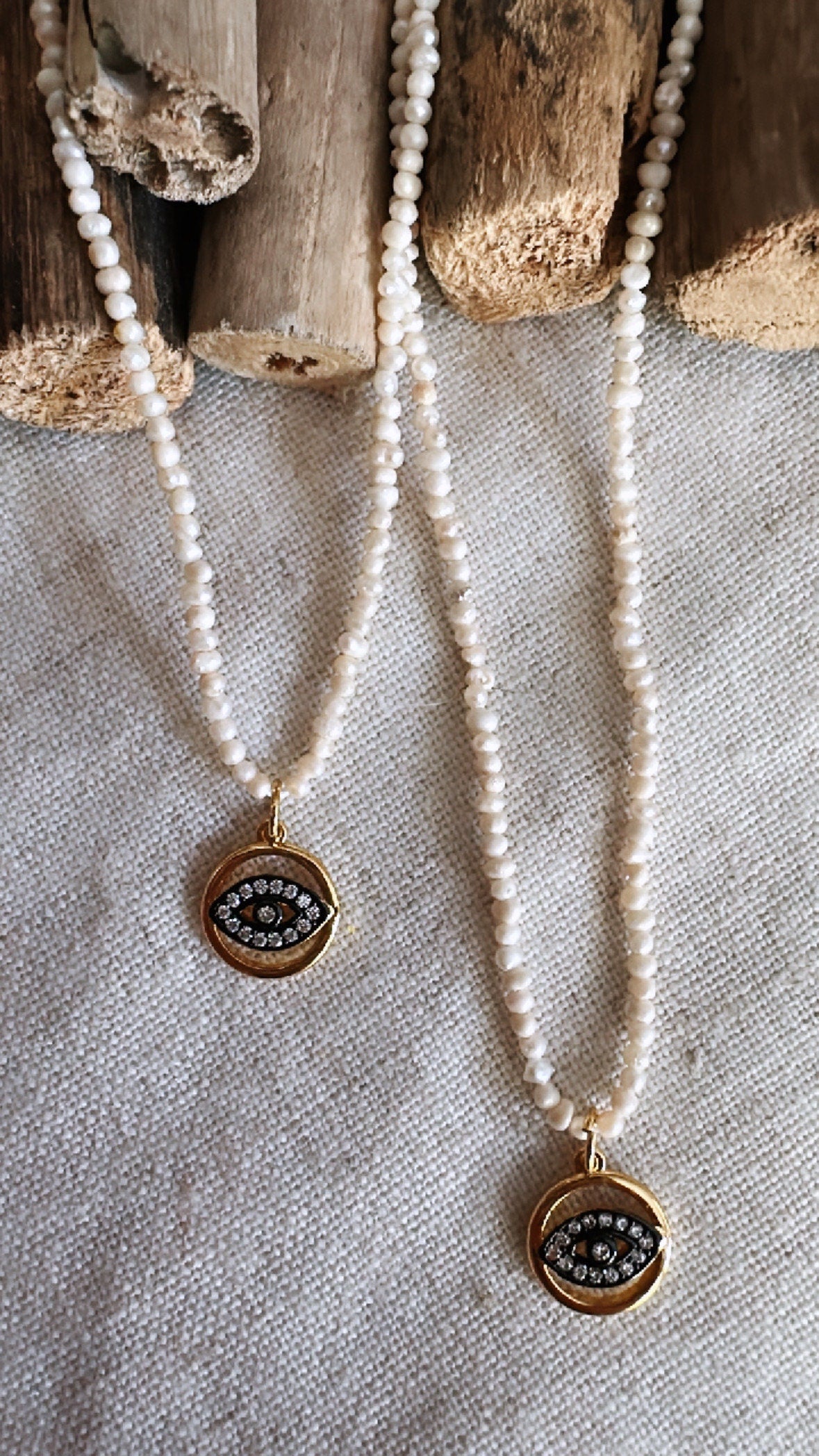 The Golden Hour Collection - Pearl with Mini Black Evil Eye Charm - Necklace